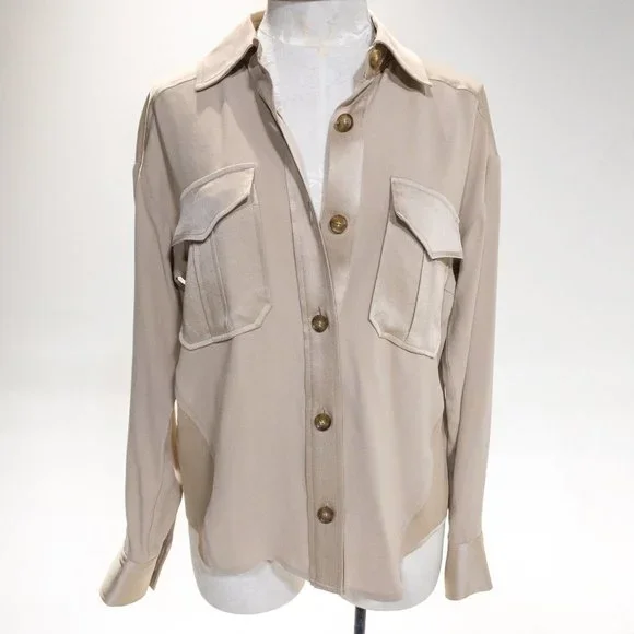 Veronica Beard M Luxe Crepe Button Down Blouse Long Sleeve Shirt Sand size 6 - Picture 9 of 16